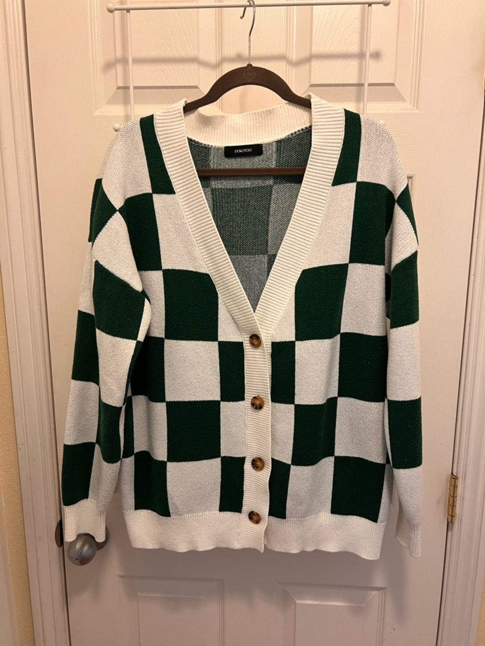 Green & White Checkerboard Cardigan Sweater